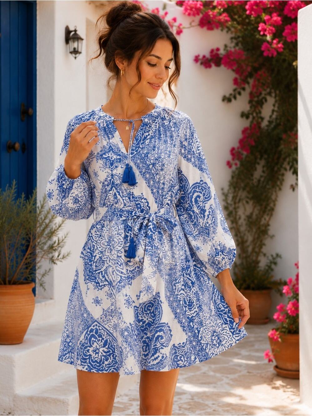 Zara Blue & White Paisley Print Cotton Tie Waist Mini Dress Boho Size Medium